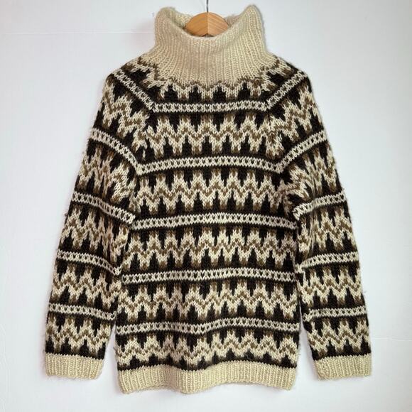 Vintage Chunky Hand Knit Wool Turtleneck Sweater Icelandic Neutral Brown - Picture 1 of 16